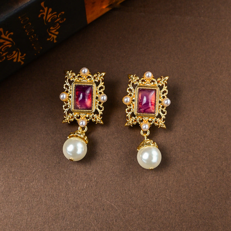 Vintage Luxury Purple Crystal and Pearl Necklace with Vintage Earring Set