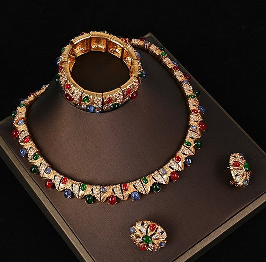 Multiple rhinestone Inlays vintage necklace & earrings & bangle set