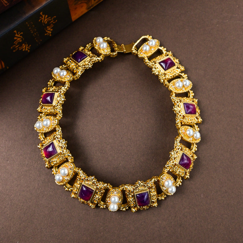 Vintage Luxury Purple Crystal and Pearl Necklace with Vintage Earring Set