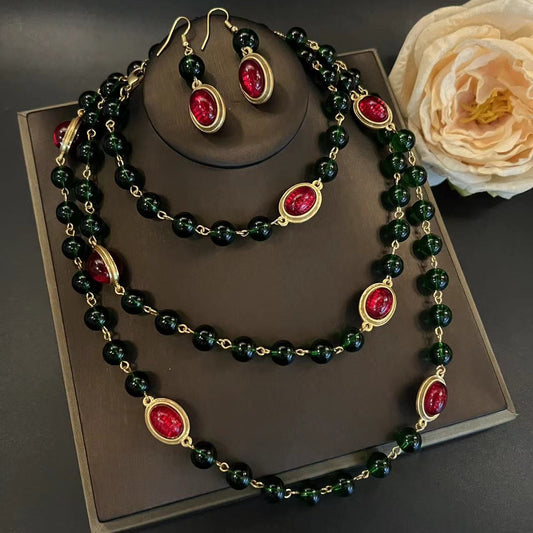Vintage Emarald green Seal Glass Long Necklace, Earrings, Sweater Chain Set