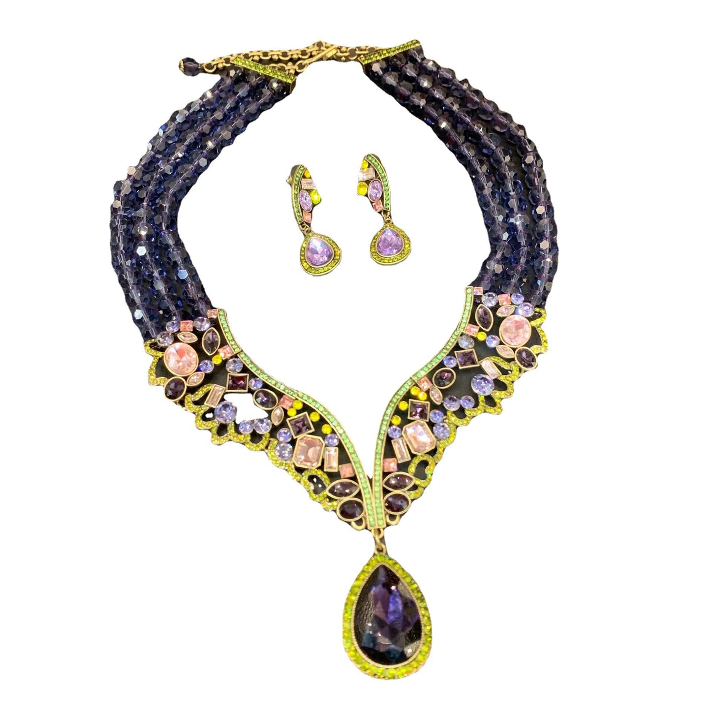 Vintage purple beaded Multi-layer French-style necklace and stud earring set