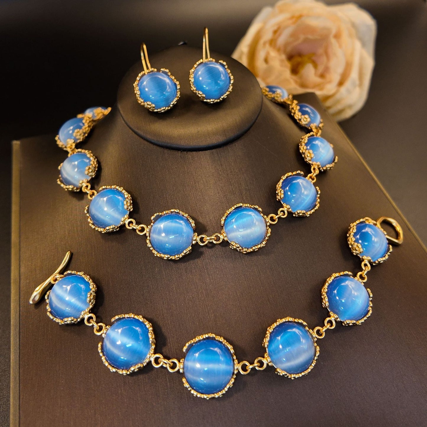 Vintage Blue Cat Eye Stone Flower Embossed Pattern Bracelet and Necklace with Hook Earrings