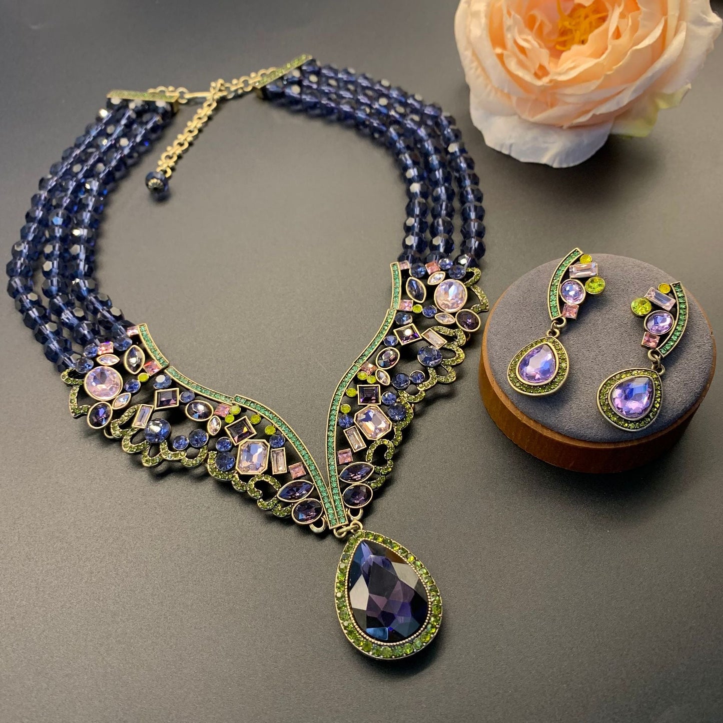 Vintage purple beaded Multi-layer French-style necklace and stud earring set
