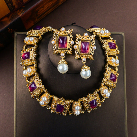 Vintage Luxury Purple Crystal and Pearl Necklace with Vintage Earring Set