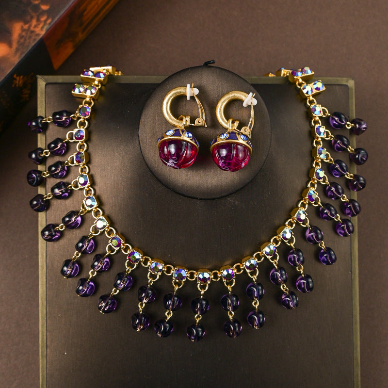 Vintage royal-style high-end purple glass tassel inlaid beaded necklace and ear cuff set