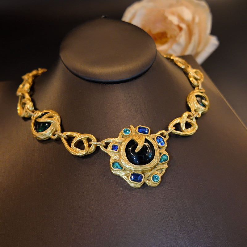 Vintage Blue Rhinestone Bracelet Set with Green Sunflower Stud Earrings, Branch Chain Necklace,and Bracelet