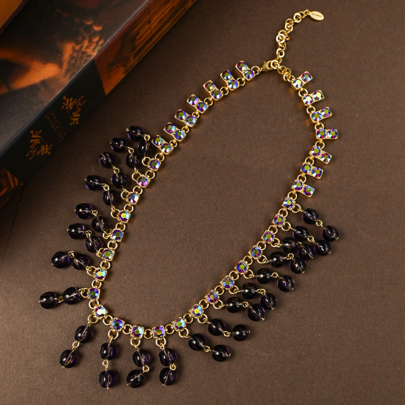 Vintage royal-style high-end purple glass tassel inlaid beaded necklace and ear cuff set