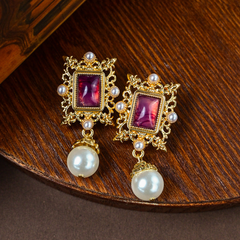 Vintage Luxury Purple Crystal and Pearl Necklace with Vintage Earring Set