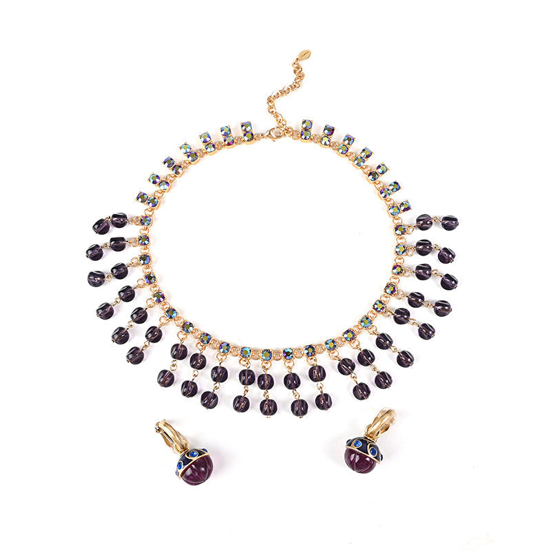 Vintage royal-style high-end purple glass tassel inlaid beaded necklace and ear cuff set