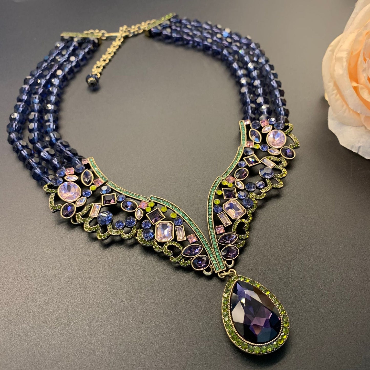 Vintage purple beaded Multi-layer French-style necklace and stud earring set