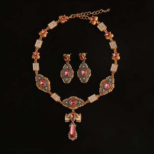 Vintage Rose Quartz Jewelry Set with Diamonds,Luxury Design Necklace, High-End Tassel Earrings with Silver Studs