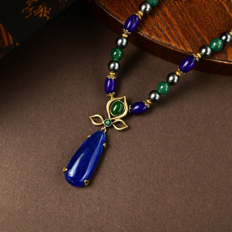 Vintage Nature stone royal blue dangle beaded necklace and dangle earrings set
