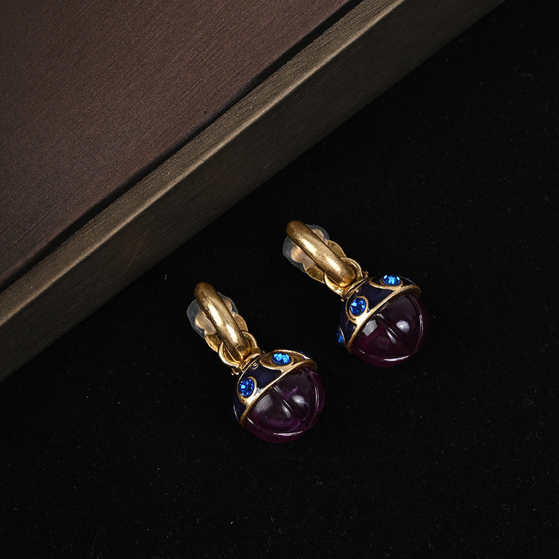Vintage royal-style high-end purple glass tassel inlaid beaded necklace and ear cuff set