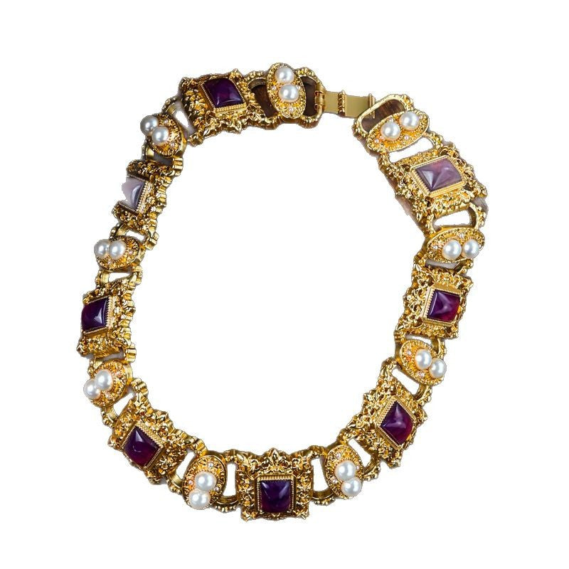 Vintage Luxury Purple Crystal and Pearl Necklace with Vintage Earring Set