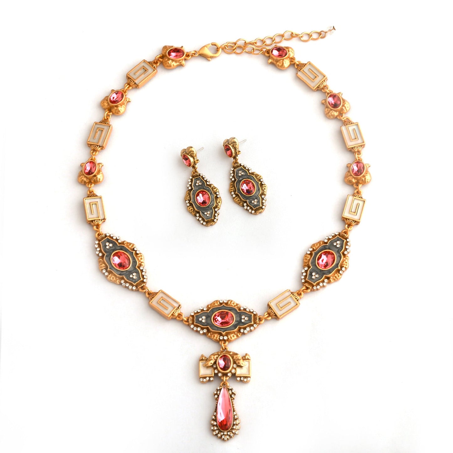 Vintage Rose Quartz Jewelry Set with Diamonds,Luxury Design Necklace, High-End Tassel Earrings with Silver Studs