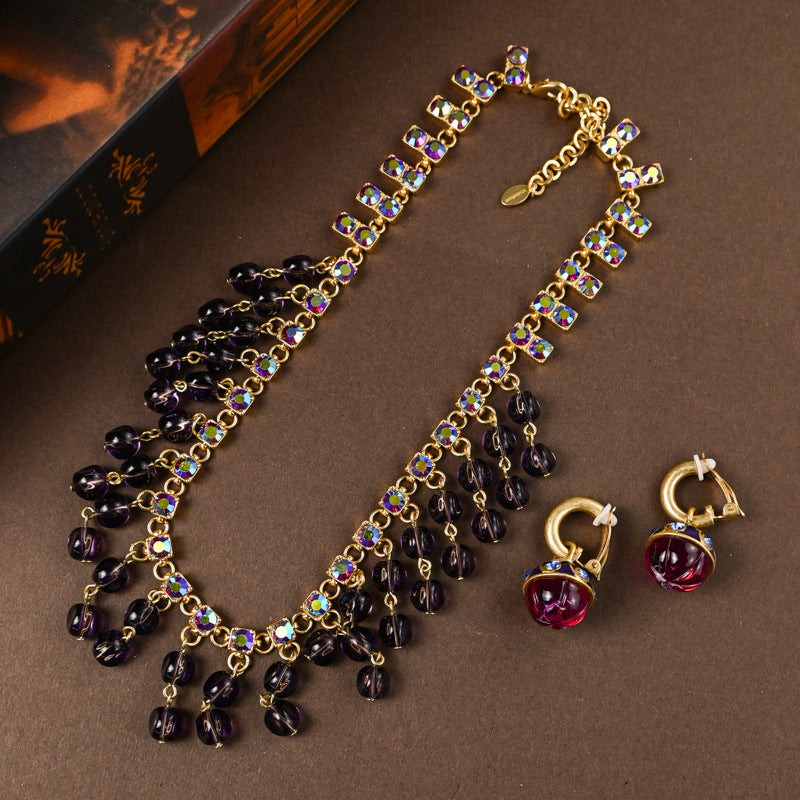 Vintage royal-style high-end purple glass tassel inlaid beaded necklace and ear cuff set