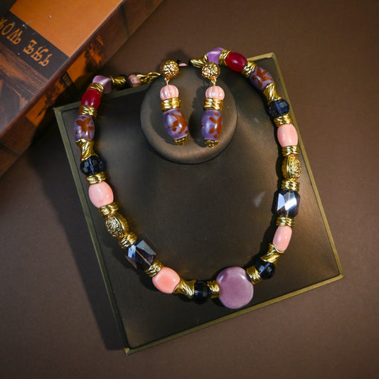 Vintage Retro literary style ceramic matching necklace + stud and dangle earrings set