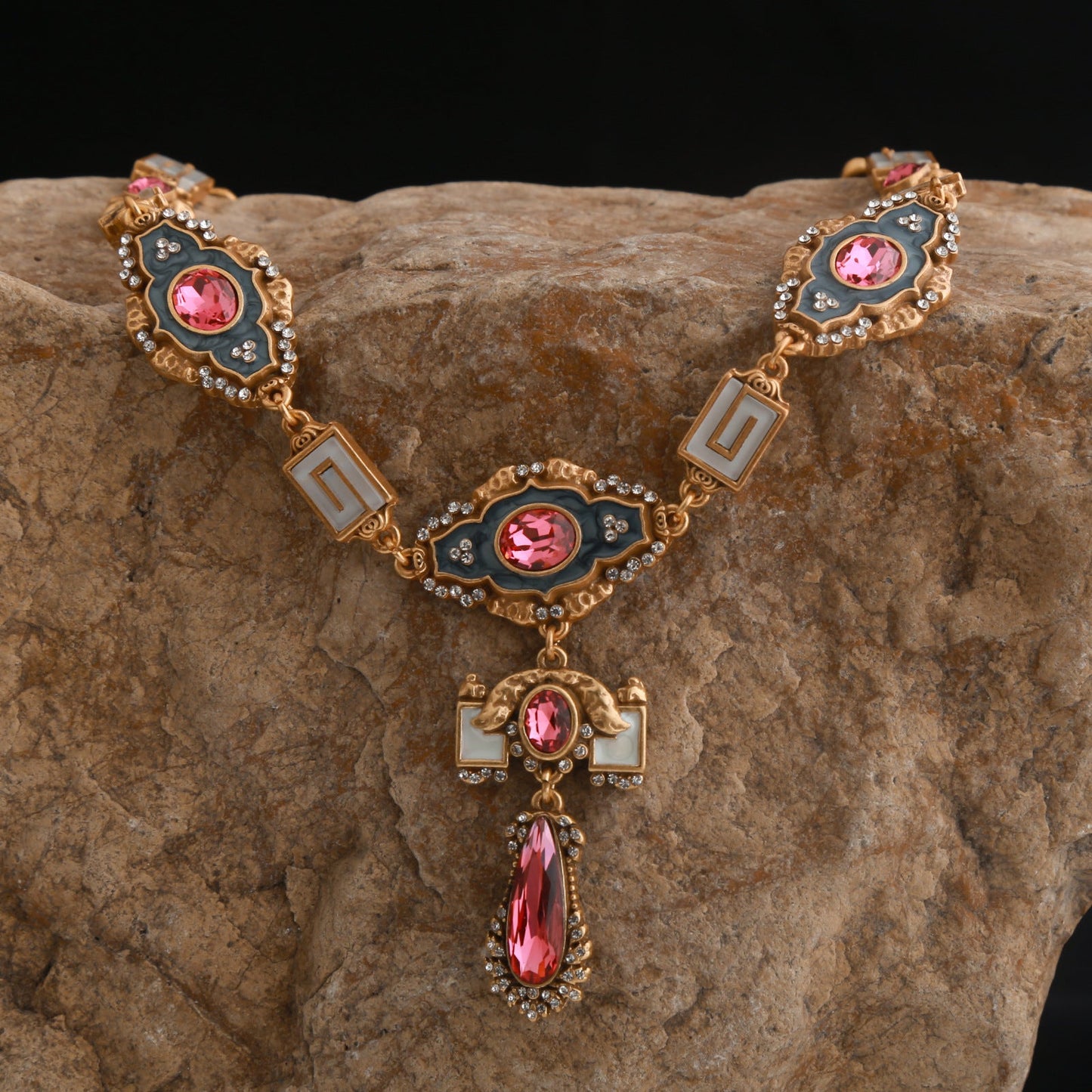 Vintage Rose Quartz Jewelry Set with Diamonds,Luxury Design Necklace, High-End Tassel Earrings with Silver Studs