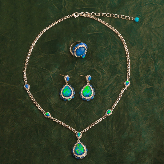 VIntage Blue Platinum Resin Necklace  Earrings  Ring Jewelry Three-Piece Set